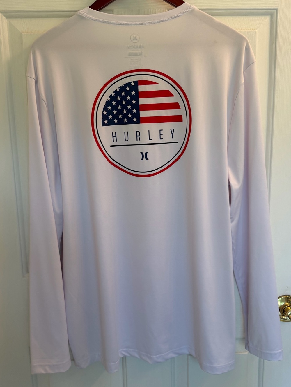 Hurley White Long Sleeve Performance Shirt with Red & Blue American Logo